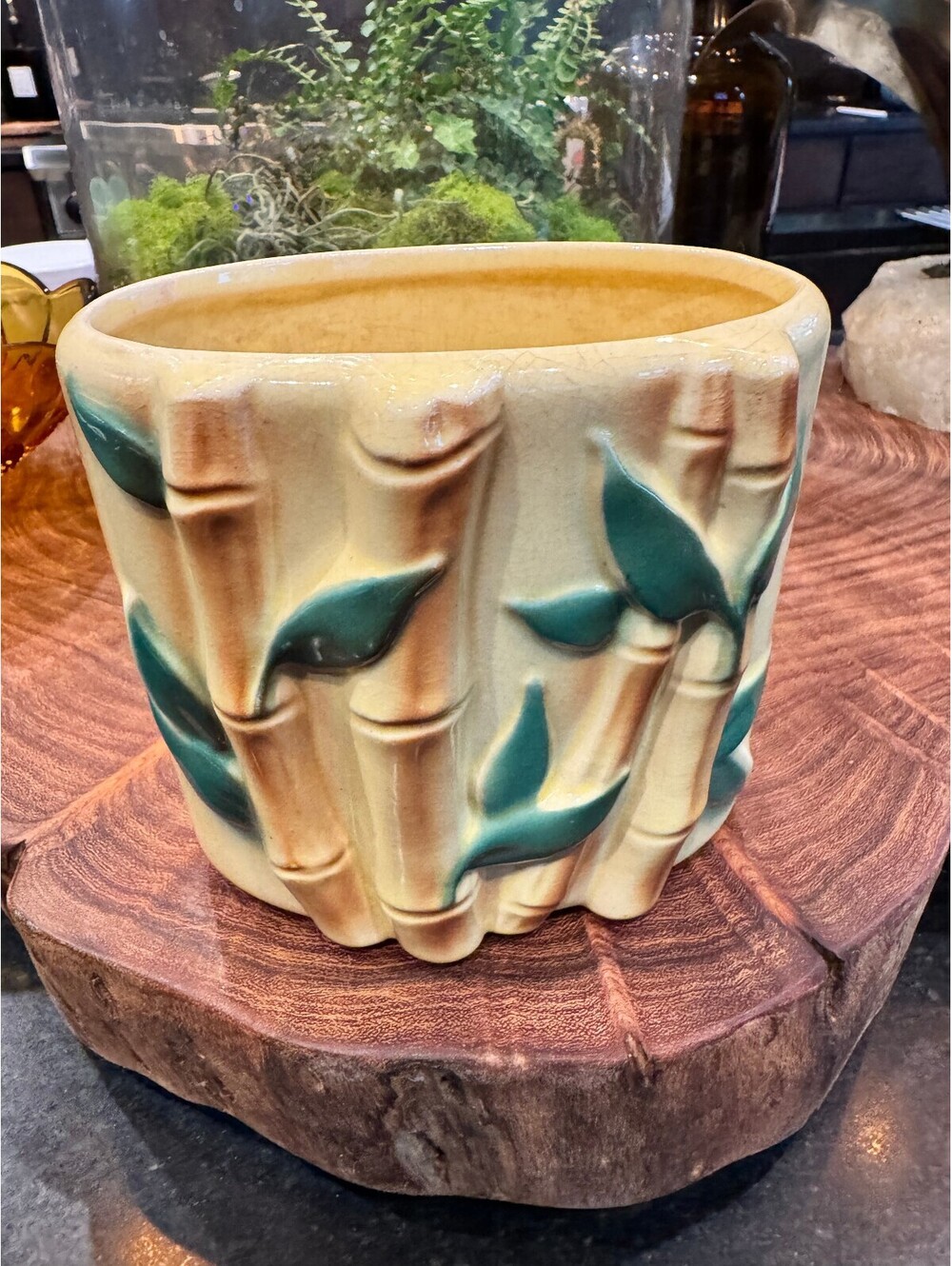 Vintage Royal Copley Bamboo Planter MCM Yellow & Green Ceramic Oval Vase 4.75"